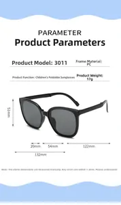 Detailed size chart for foldable kids sunglasses with PC frame measurements and specifications