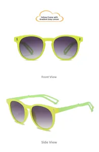 Détail de lunettes de soleil enfant rondes jaunes avec verres gris dégradés et branches