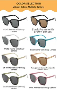 Detail view of foldable kids sunglasses showing eight colorful frame and lens options