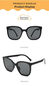 Front and side view of classic black frame folding sunglasses for kids with gray lenses