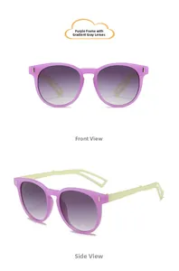 Vue détaillée de lunettes soleil bébé violettes avec verres dégradés et branches jaunes