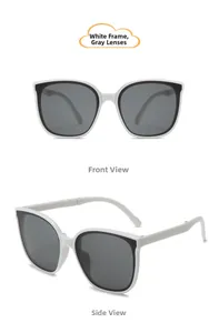 Detail view of foldable white kids sunglasses with grey lenses from front and side angles