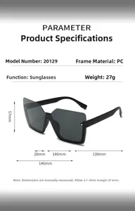Detailed size chart for black oversized square hip-hop sunglasses with PC frame measurements