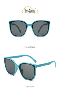 Blue foldable kids sunglasses with dark grey lenses shown from front and side angles