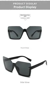 Detailed front and side view of black frame square sunglasses with dark grey lenses