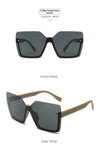 Front and side view of square brown frame sunglasses with grey lenses and top rimless design
