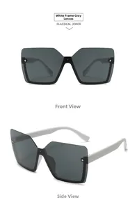 Detailed views of white square frame sunglasses with grey lenses and futuristic design