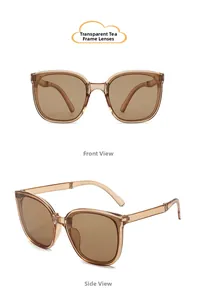 Front and side views of children's folding oversized sunglasses in transparent tea color