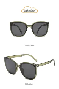 Detail view of foldable olive green kids sunglasses with dark grey protective lenses