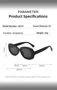 Detailed size chart of futuristic black oval sunglasses with 147mm frame width and PC material
