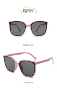 Front and side view of pink frame kids sunglasses with grey lenses and folding design