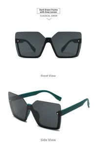 Front and side view of dark green matte square sunglasses with dark grey lenses
