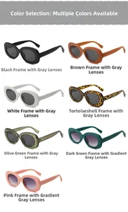 Matrix display of futuristic oval sunglasses in seven trendy color combinations with UV protection