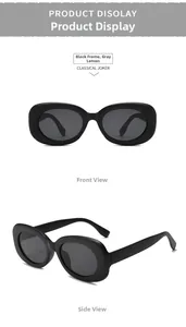 Front and side view of trendy black oval wide frame sunglasses with gray lenses