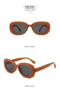 Front and side views of brown oval sunglasses with gray lenses for a retro chic look