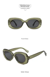 Front and side views of olive green oval sunglasses with dark grey UV lenses