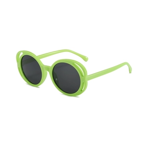 Fashionable grass green round kids sunglasses with hollow frames and UV protection