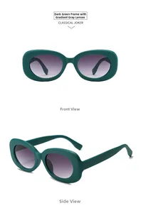 Front and 45-degree side view of dark green oval sunglasses with grey gradient lenses