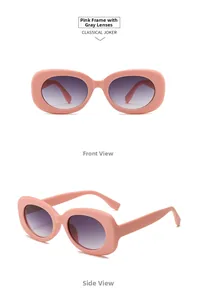 Front and side view of pink oval frame sunglasses with gray gradient lenses