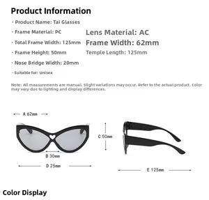 Tableau des tailles pour lunettes de soleil œil-de-chat avec monture cœur et matériaux PC AC