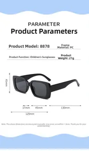 Detailed size parameters and technical specifications for kids square frame sunglasses