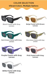 Detailed color selection showing seven stylish rectangular sunglasses for kids in diverse shades