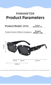 Detailed size specifications for heart print kids sunglasses with PC frame model 2516