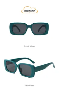 Detail view showing front and side profile of dark green kids rectangular sunglasses