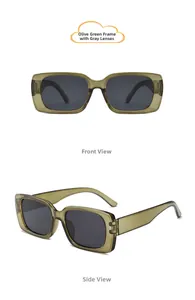 Detail view of olive green square kids sunglasses with gray lenses and thick temples