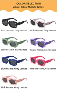 Close-up of heart pattern sunglasses for kids in seven different frame colors