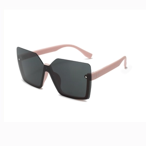 Futuristic rimless sunglasses with dark lenses and pink temples for hip-hop style