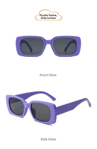 Detail view of purple rectangle sunglasses showing positive and side display angles