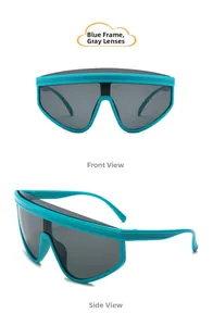 Front and side view of trendy blue kids sunglasses with protective grey lenses