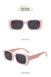 Front and side view of pink rectangular kids sunglasses with dark grey lenses