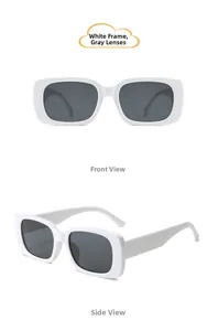 Detail view showing stylish white square baby sunglasses with protective gray lenses
