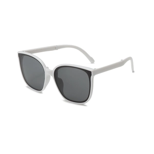 Foldable cat-eye children sunglasses with white frames and dark grey UV protection lenses
