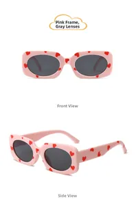 Pink heart print sunglasses for kids showing front and side views with grey lenses