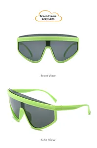 Front and side views of kids' neon green sports sunglasses with dark grey lenses