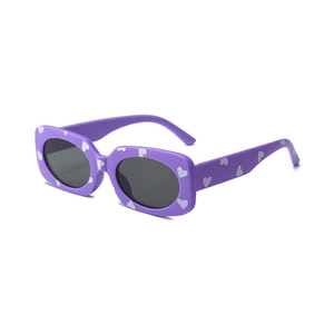 Kids purple rectangular sunglasses with white heart prints and dark grey protective lenses