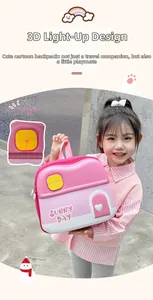 Pink cartoon house backpack for kids with a 3D hard shell and glowing light feature