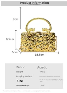 Detailed size specifications for gold acrylic evening bag with dragon handle and chain strap