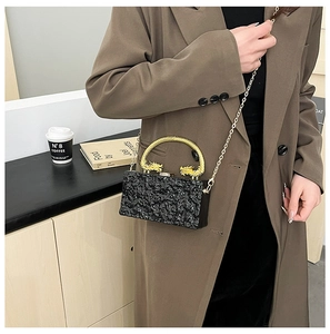 Detail of black embossed acrylic handbag featuring ornate golden dragon handles and chain