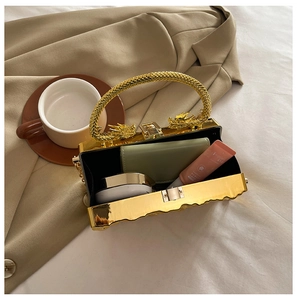 Detail view of gold metal evening bag with dragon handle and spacious interior