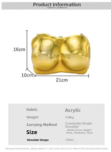 Detailed size specifications for the gold acrylic bra-shaped evening bag