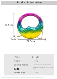 Detailed size specifications for iridescent acrylic moon evening bag with chain strap