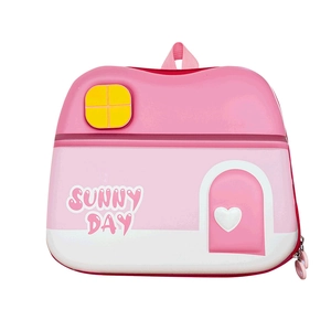 Pink cartoon house-shaped EVA backpack for children featuring Sunny Day text and 3D heart