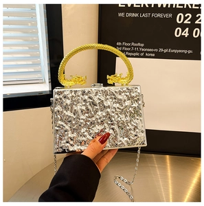 Detail of silver wavy texture bag with unique golden dragon double-headed handle