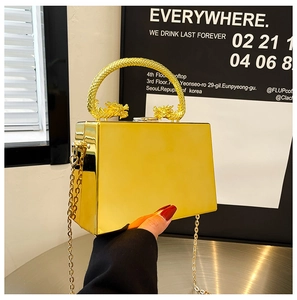Detailed close-up of golden acrylic box bag with ornate dragon-shaped metal handle and chain