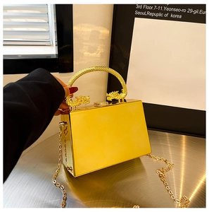 Detail of gold mirror box bag featuring an intricate dragon handle and slim chain strap