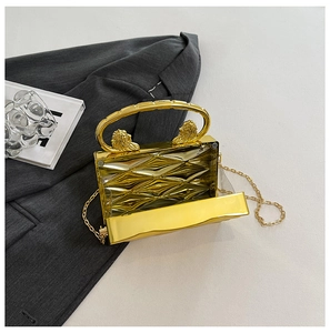 Dettaglio pochette rigida dorata da sera con manico a testa di leone e trama geometrica
